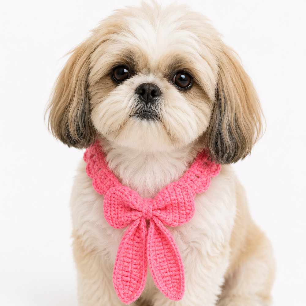 pink-bow-crochet-bandana-1 Pink Bow Crochet cat & puppy bandana - Image 1
