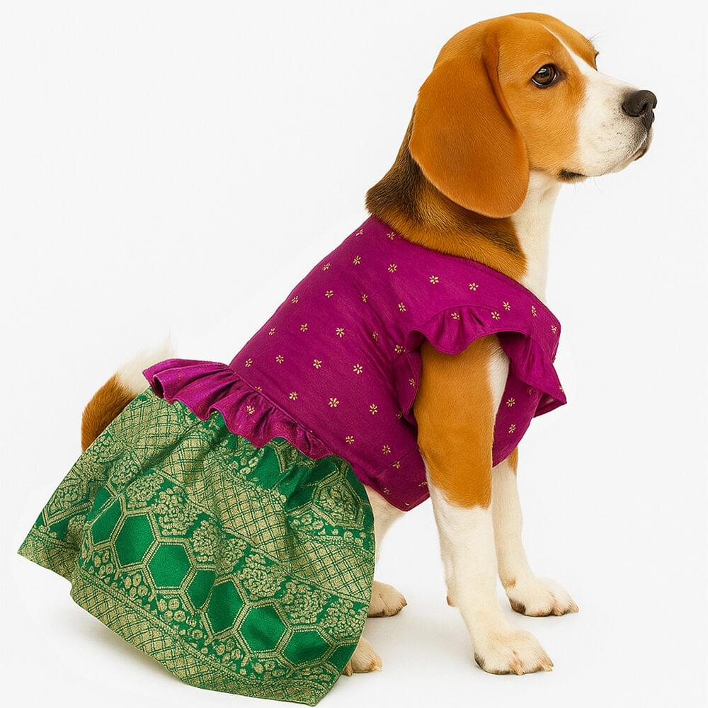 Pattu Traditional Dress- Pink Green - Image 1