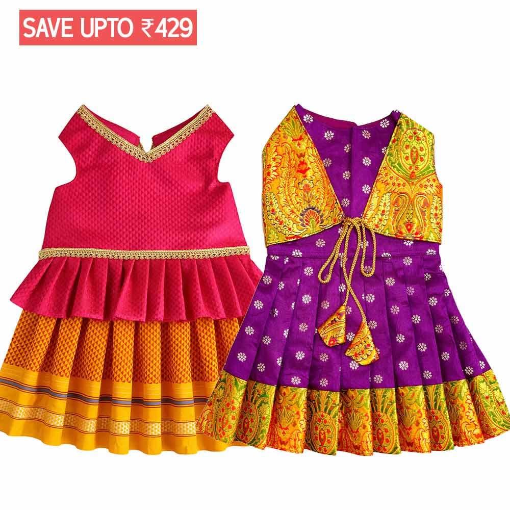 2-1699 Yellow Pink Parkar Polka & Paithani Purple Dresses- Combo of 2 - Image 1
