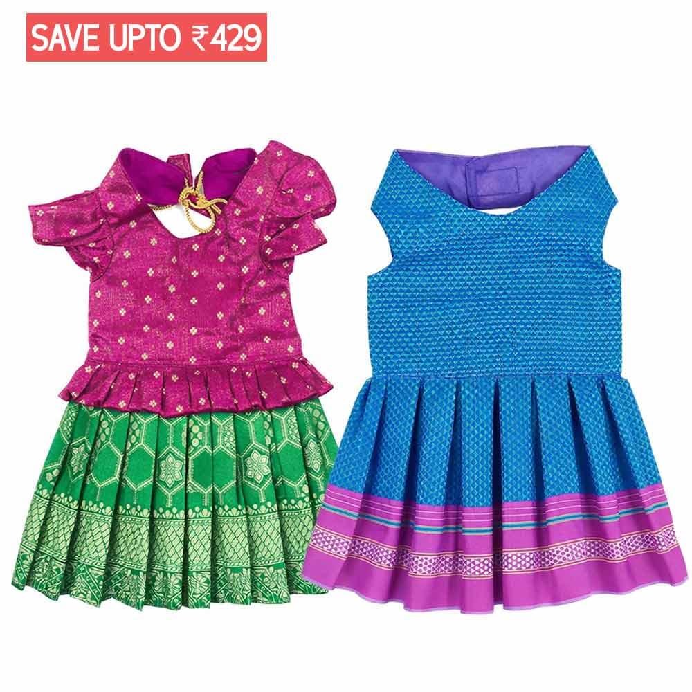Pink Green Pattu Dress & Blue Parkar Polka- Combo of 2 - Image 1