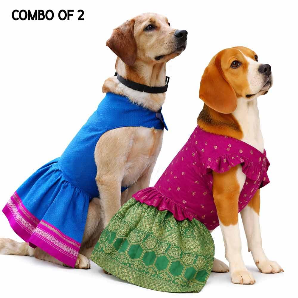 Pink Green Pattu Dress & Blue Parkar Polka- Combo of 2 - Image 1