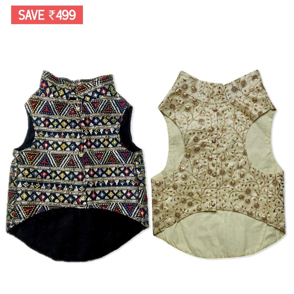 Navi Blue & Ivory sherwani for dogs- Combo of 2 - Image 1