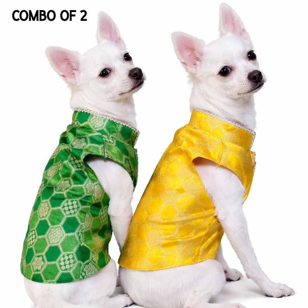 10-a Yellow silk & Green silk kurta- Combo of 2 - Image 1